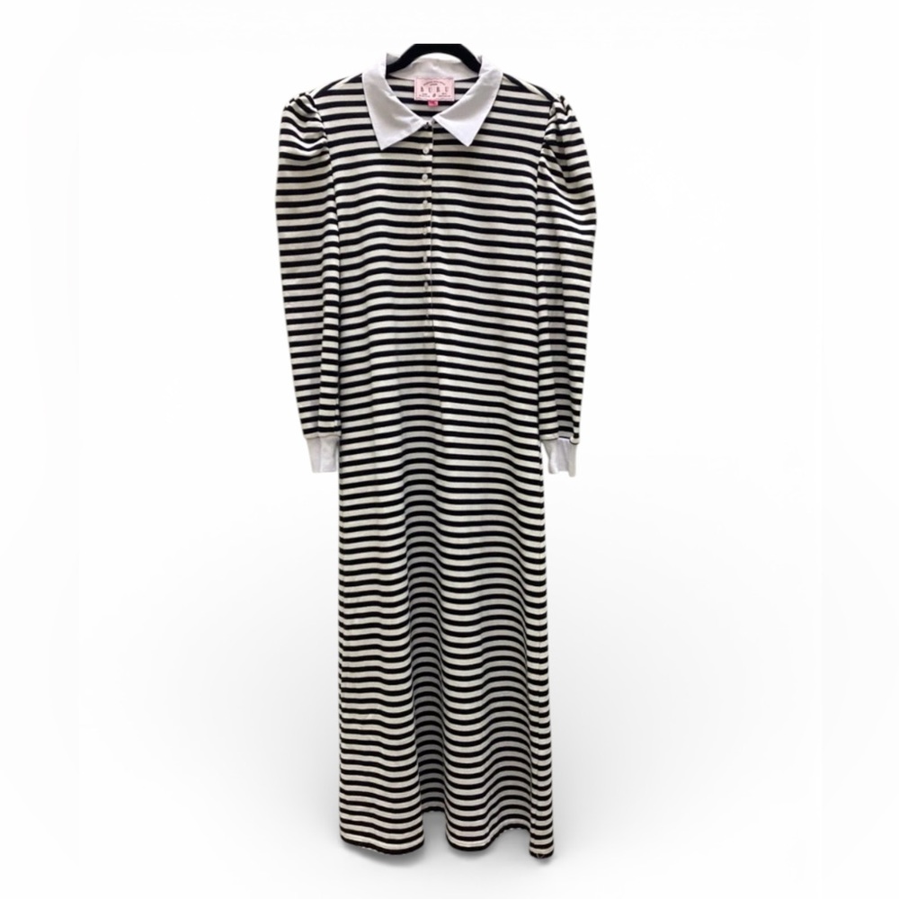 BURU Rugby Dress Midi Striped Long Sleeve Polo Blue White Cotton Pockets Collar